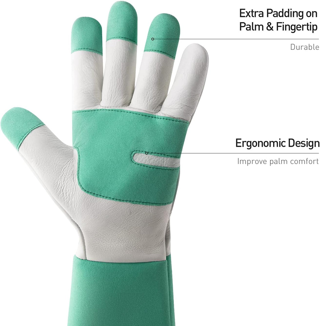 HANDLANDY Long Gardening Gloves for Men & Women, Thorn Proof Rose Pruning Gloves Leather Gauntlets Garden Glove Yard Work Glove (Large, Green)
