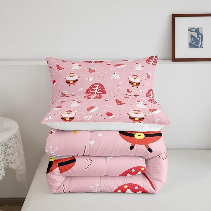 Feelyou Santa Claus Bedding Set Cute Rabbit Kawaii Pink Comforter for Kids Boys Girls Decor Merry Christmas Comforter Set Girly Pink Quilt Set Bedroom Collection 2Pcs Toddler Size