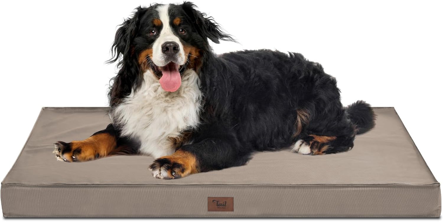 Dog Crate Bed Washable Dog Beds for Large Dogs, Big Waterproof Orthopedic Pet Bed with Egg Crate Foam Pet Bed Mat, Removable Oxford Cooling Cover, Khaki