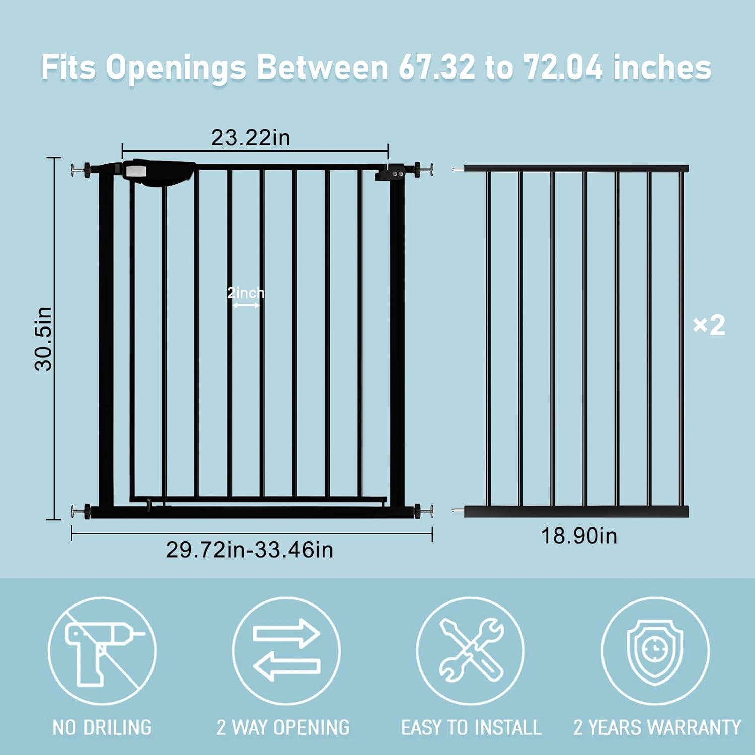 WAOWAO Triple Lock Baby Gate Extra Wide 67.32-72.04" Pressure Mounted Walk Through Swing Auto Close Safety Black Metal Dog Pet Puppy Cat for Stairs,Doorways,Kitchen