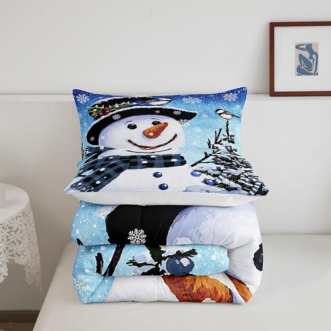 Feelyou Kids Christmas Theme Decorations Bedding Set Xmas Snowman Comforter Set for Boys Girls Snowflake Kawaii Cute Gradient Blue Bedroom Collection King Size