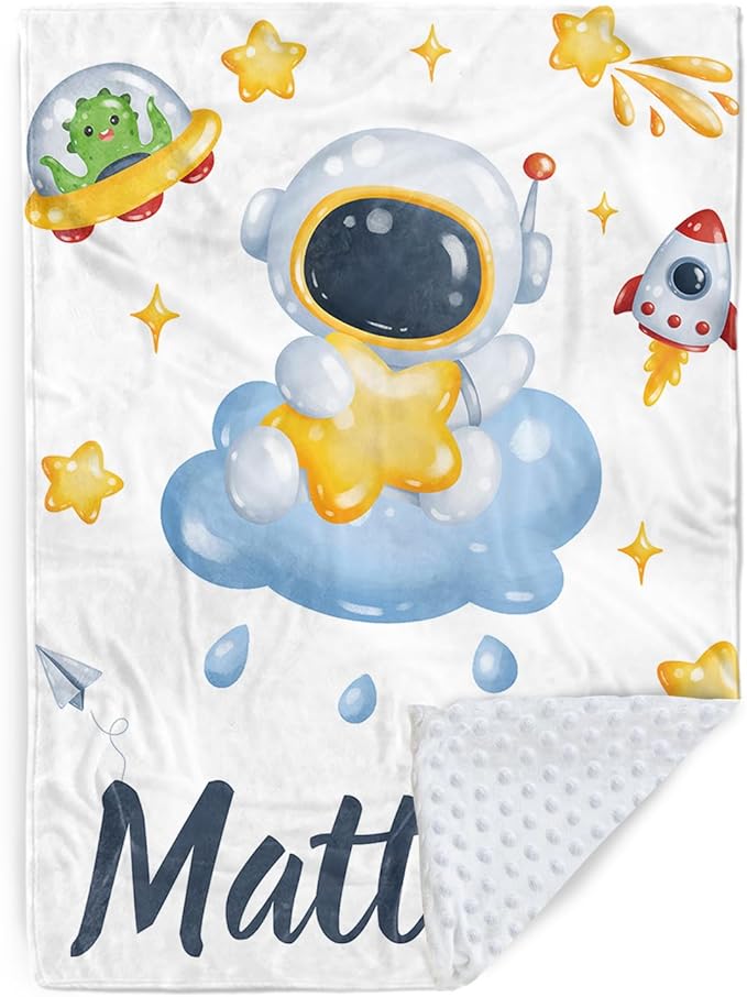 Personalized Baby Blanket with Name, Custom Space Astronaut Theme Blanket for Kids, Soft Flannel Bed Throw Blanket Swaddle for Newborn, Customizable Baby Gift & Nursery Blanket(30”x40)