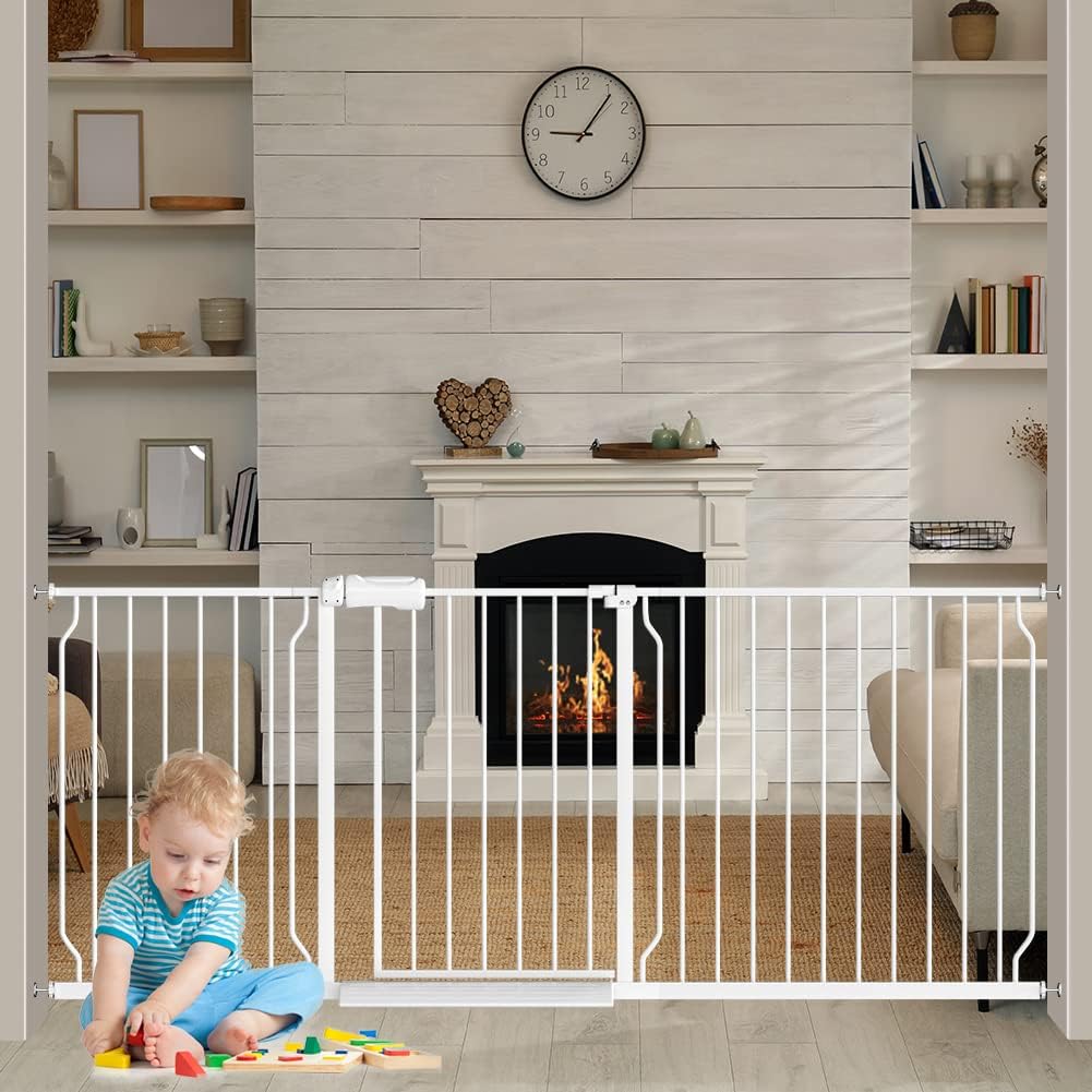 Extra Wide Baby Gates 71.5-76.3 Inch White Pressure Mounted Baby Gate Indoor Safety Gates Pressure Mounted Child Gate for Stairs Doorways Hallways