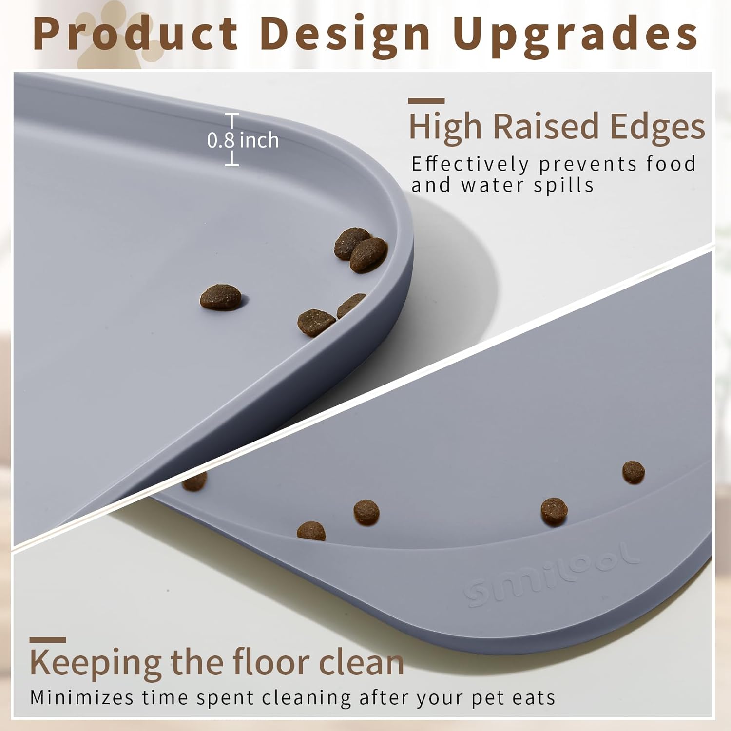 Silicone Pet Feeding Mat with Raised Edge & Residue Collection Pocket for Food and Water, Dog Bowl Mats, Cat Bowls Placemat with High Lip for Floor Waterproof, 24 x 16 x 0.8 Light Gray