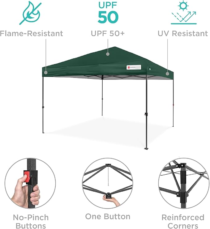 Best Choice Products 10x10ft 1-Person Setup Pop Up Canopy Tent Instant Portable Shelter w/ 1-Button Push, Case, 4 Weight Bags - Dark Green