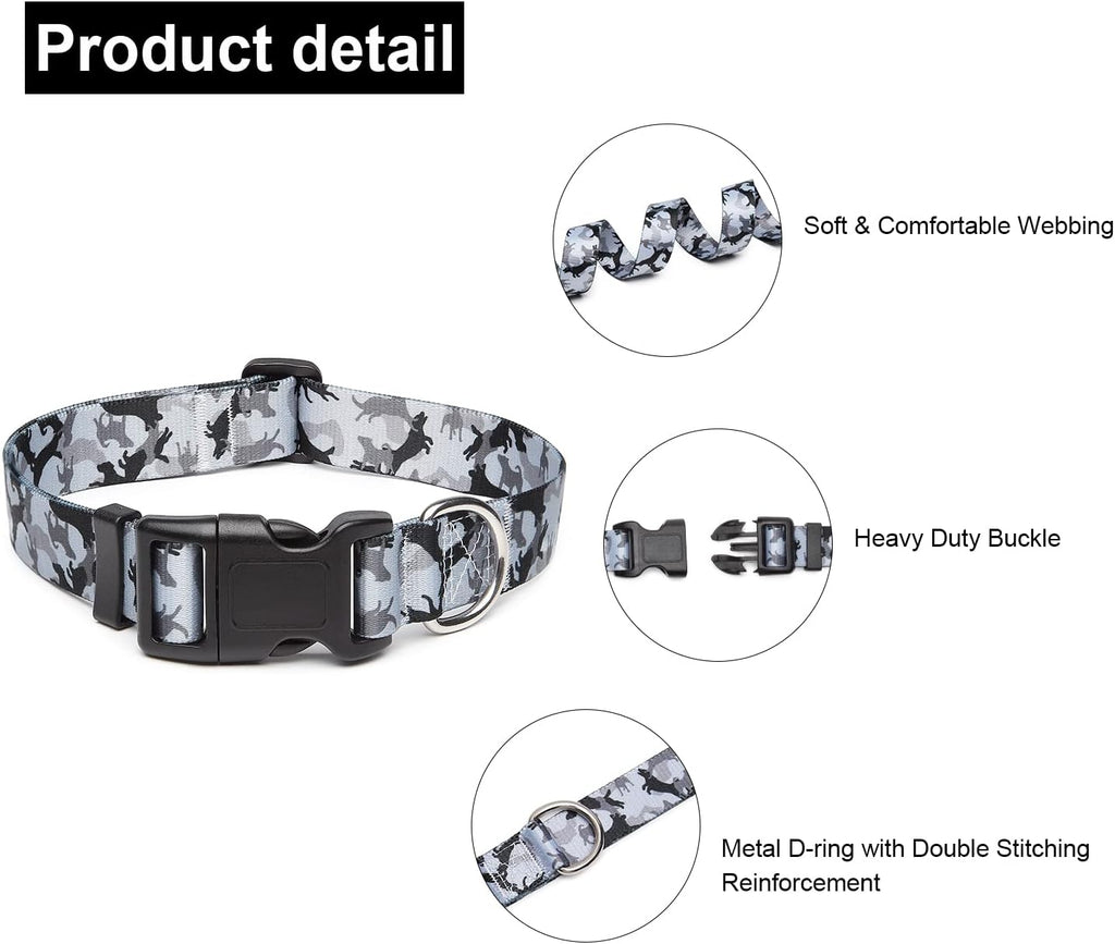 Mercano Adjustable Dog Collar - Special Design Patterns, Soft Nylon Comfortable Sturdy Pet Collar for Small Medium Large Dogs (S, Dog Camouflage Grey)