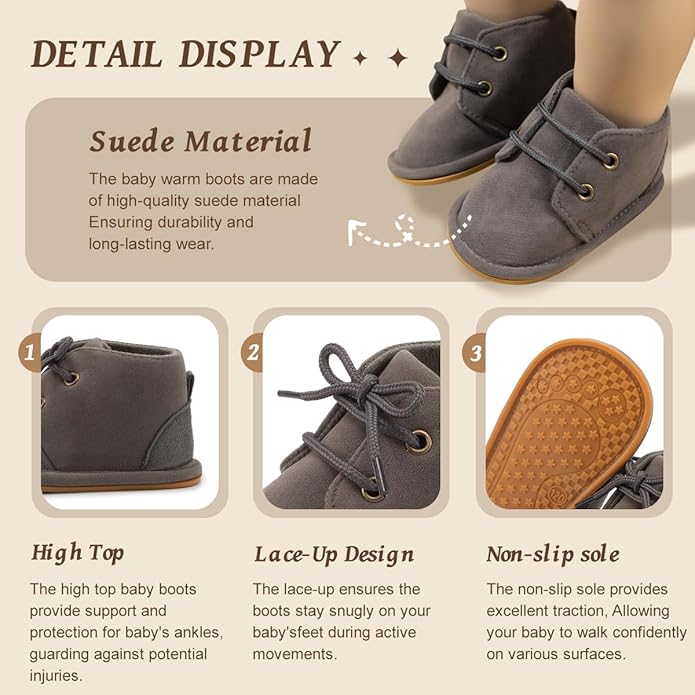 Baby Unisex Warm Snow Boots Newborn Leather Fur Lace Up Ankle Anti-Slip Rubber Texture Sole Toddler Prewalker Winter Crib Shoes