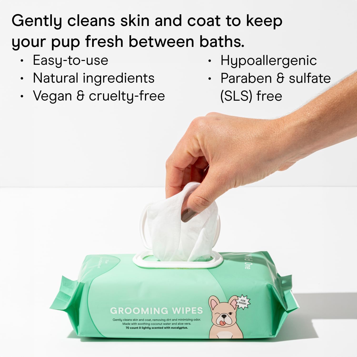 Wild One, Eucalyptus Natural Dog Grooming Wipes, Cruelty-free, resealable lid, 70 wipes per pouch, 210 Count