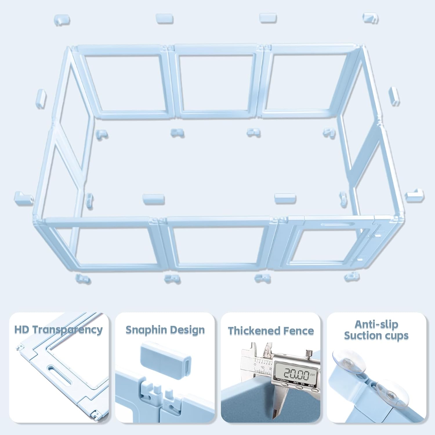 DIY Clear Acrylic Dog Playpen House,Quick Easy Assembly and Disassembly,Strong Floor Suction,Indoor and Outdoor Use,Easy Cleansing Puppy Fence (Sky Blue, 23.6" H, 12PCS)