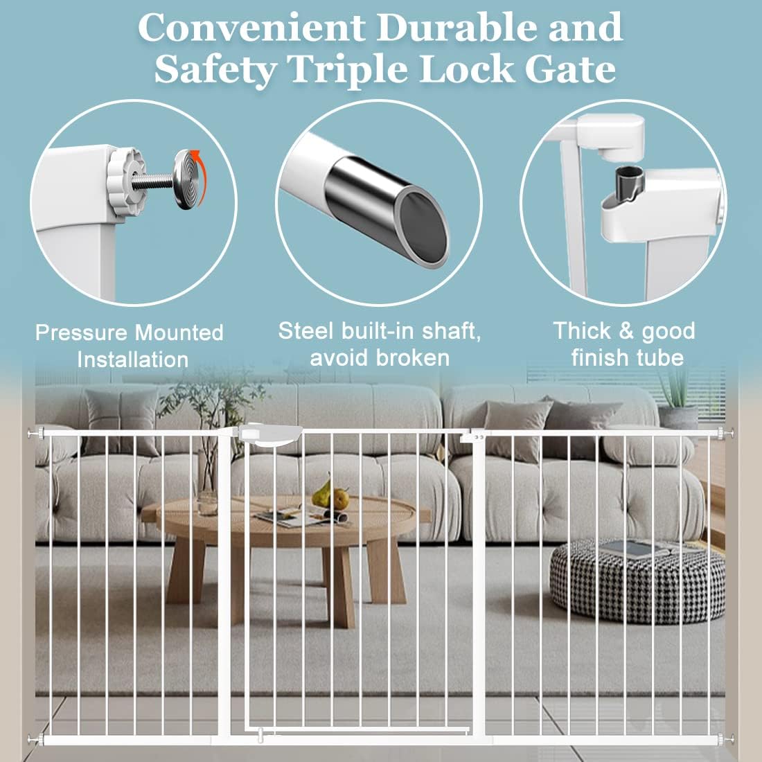 WAOWAO Triple Lock Baby Gate Extra Wide 57.87-62.59" Pressure Mounted Walk Through Swing Auto Close Safety White Metal Dog Pet Puppy Cat for Stairs,Doorways,Kitchen