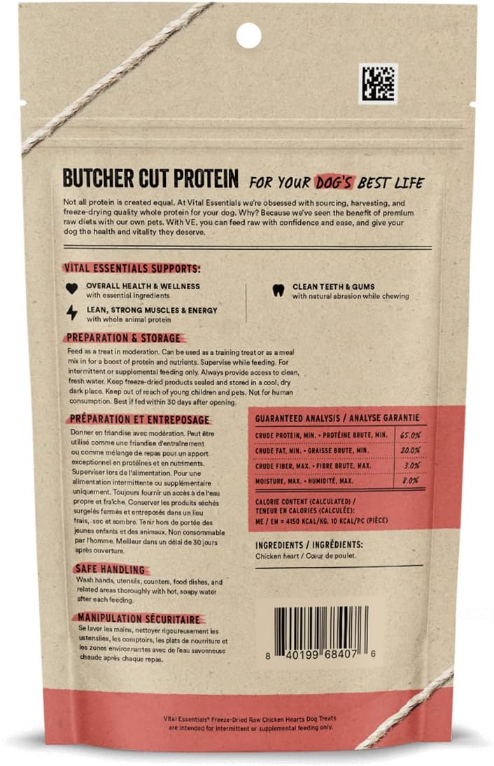 Vital Essentials Chicken Hearts Dog Treats, 1.9 oz | Freeze-Dried Raw | Single Ingredient | Premium Quality High Protein Training Treats | Grain Free, Gluten Free, Filler Free