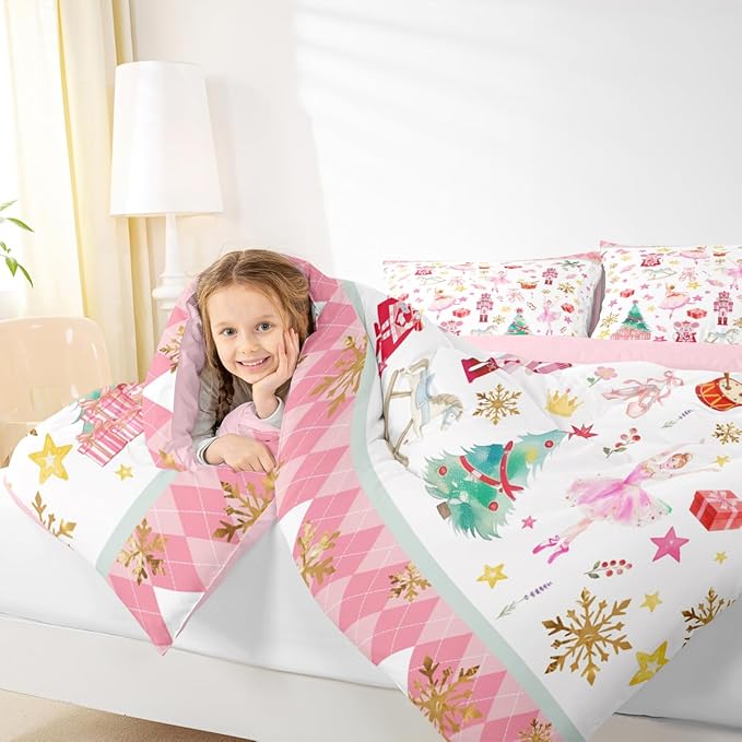 Feelyou Pink Christmas Kids Comforter Set Queen Size Ballet Nutcracker Bedding Set Snowflake Duvet Quilt for Kids Boys Girls Bedroom Decor Microfiber Ultra Soft Breathable
