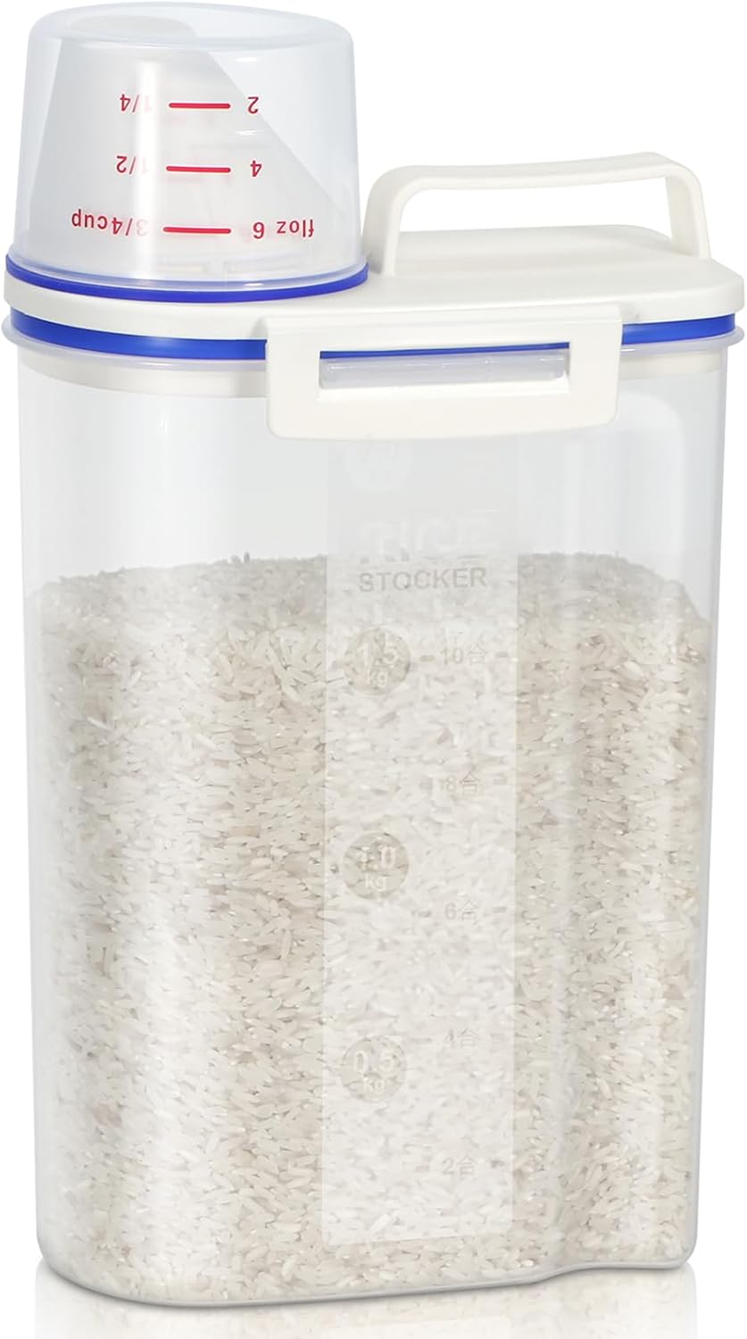 TBMax Rice Container 4 Lbs / 2 Kg Rice Dispenser with Measuring Cup, BPA-Free Plastic Kitchen Pantry Food Storage Holder for Oatmeal Flour Grain, Small Pet Cat Dog Food Container