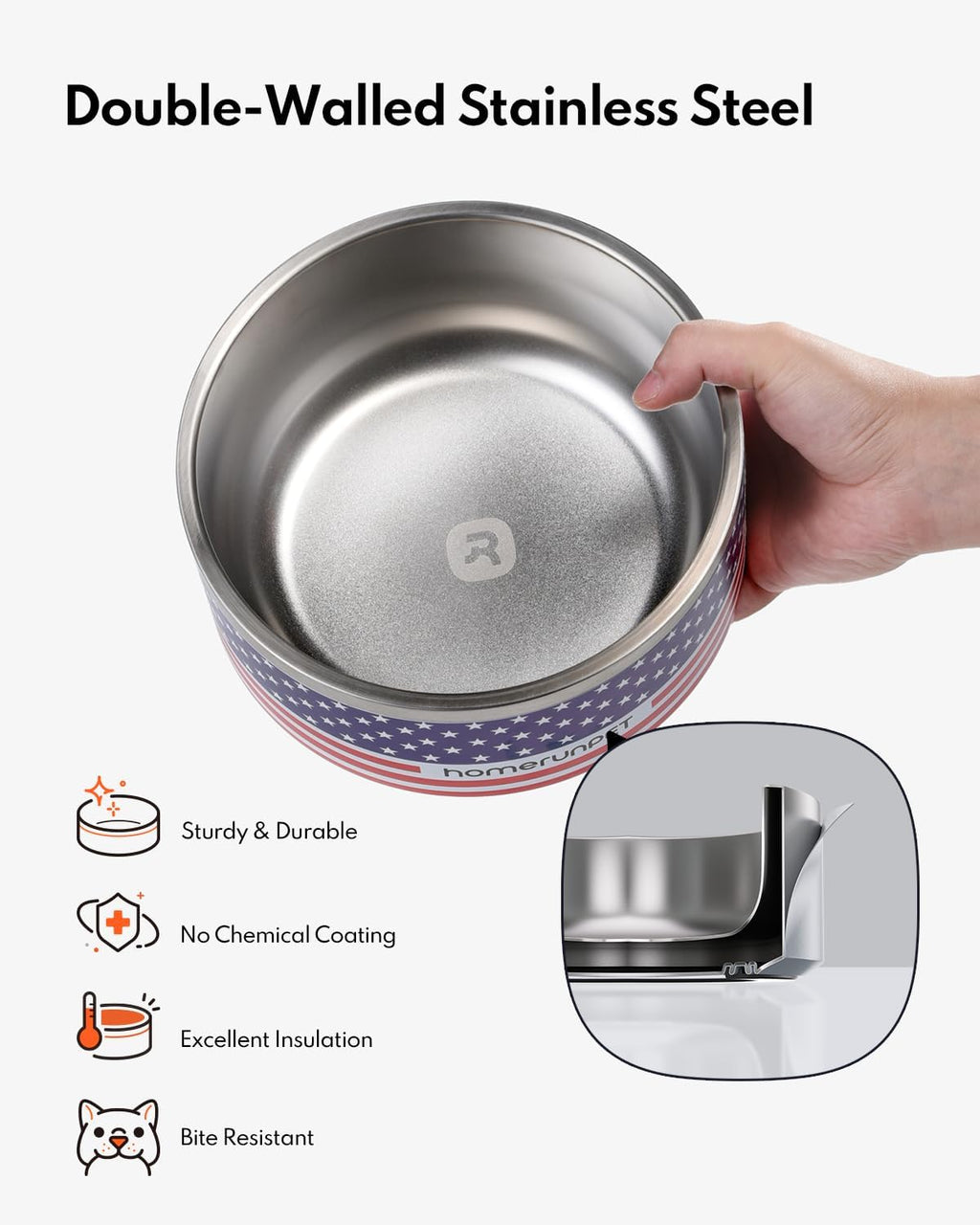 Homerunpet Double Wall Stainless Steel Dog Bowls, Non-Slip Base, Dishwasher Safe, Durable Pet Food & Water Bowl for Dogs & Cats(32oz, American Flag)