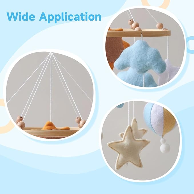Handmade Sun Hot Air Balloon Crib Mobile with Felt Cloud, Star, and Balloon Toys, Safe and Soft for Baby Nursery, Ideal for Little Ones,