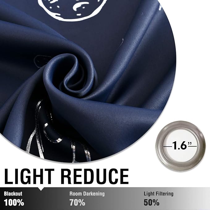 Vangao Navy Blue Kids Curtains for Boys Bedroom Space Theme Blackout Curtains for Kids Nursery Girls Room 63 Inches Length Silver Foil Print Drapes Grommet Top Window Treatments Set 2 Panels