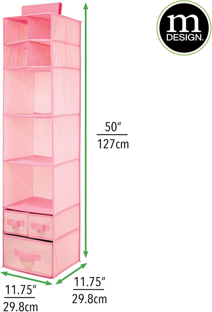mDesign Fabric Hanging Organizer - Over Closet Rod Storage with 7 Shelves and 3 Removable Drawers for Baby Nursery or Bedroom Organization - Holds Clothes, Linens, Toys, Accessories - Pink Herringbone