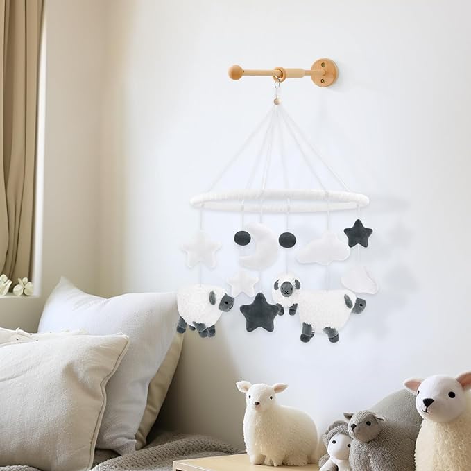 Sheep Baby Crib Mobile Lamb Nursery Mobile Neutral Farm Animal Hanging Decor with Furry Scottish Sheep Clouds Moon Stars Newborn Gifts for Infants Little Boys Girls Bedroom Living Room (Grey)