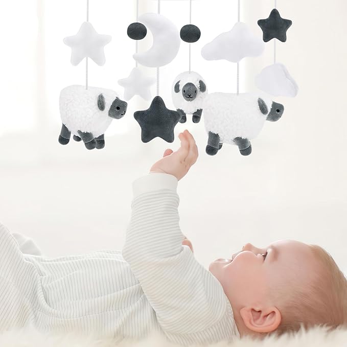 Sheep Baby Crib Mobile Lamb Nursery Mobile Neutral Farm Animal Hanging Decor with Furry Scottish Sheep Clouds Moon Stars Newborn Gifts for Infants Little Boys Girls Bedroom Living Room (Grey)