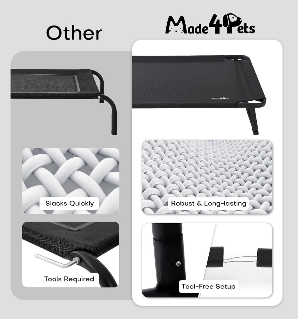 Made4Pets Raised Dog Bed for XXL Dogs - Outdoor Elevated Pet Cot with Snap-in Legs, Washable Mesh, Non-Slip Feet, Durable & Chew-Resistant Hammock Bed, Indoor & Outdoor Use, 54"x37", Black
