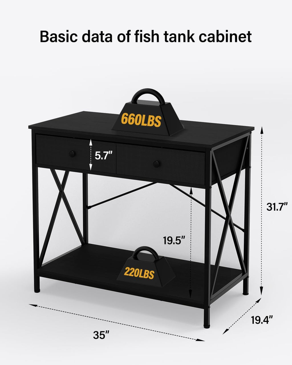 Fish Tank Stand 40 Gallon: Sturdy Aquarium Stand with Accessories Storage - Metal Fish Tank Table for 40-50 Gallon Reptile Breeder Turtle Terrarium - 35"X19.54" Weight Capacity 660 lbs
