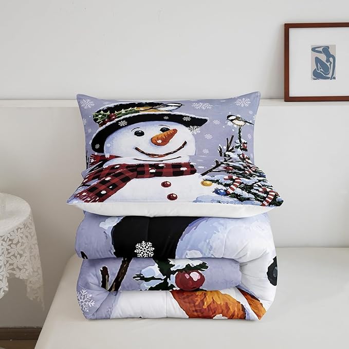 Feelyou Kids Christmas Theme Decorations Bedding Set Xmas Snowman Comforter Set for Boys Girls Merry Christmas Funny Cute Decor Bedroom Collection 2Pcs Toddler Size