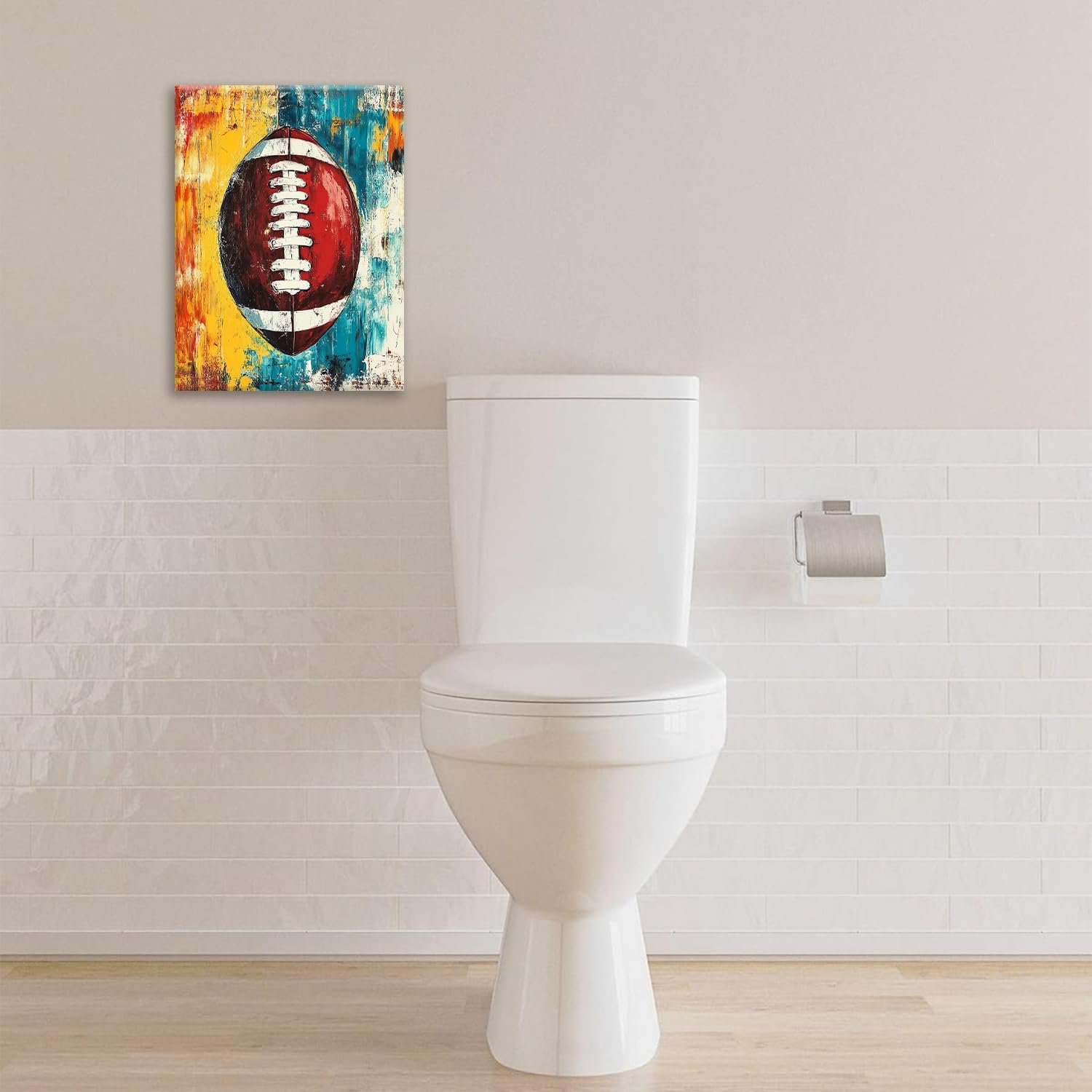 Graffiti Football Bathroom Pictures Wall Art, Rugby Sport Bathroom Wall Decor, Colorful Football Framed Painting Canvas Artwork for Bedroom Living Room Decorations 16"L x 12"W