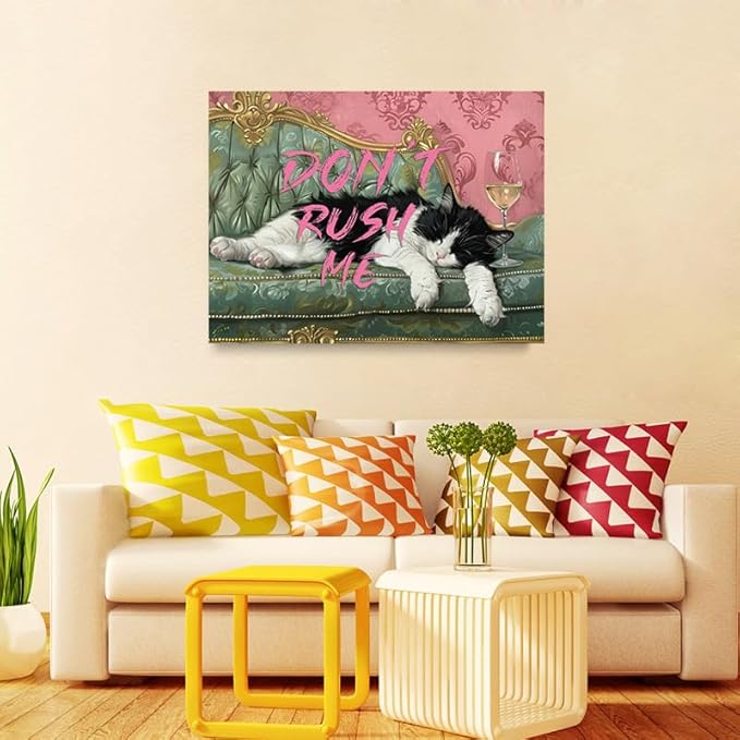 Vintage "Don't Rush Me" Cute Lazy Black and White Cat Picture Wall Decor Framed Retro Funny Animal Canvas Wall Art Prints Poster Painting for Living Room Bathroom Bedroom Home Kitchen (16"x12")