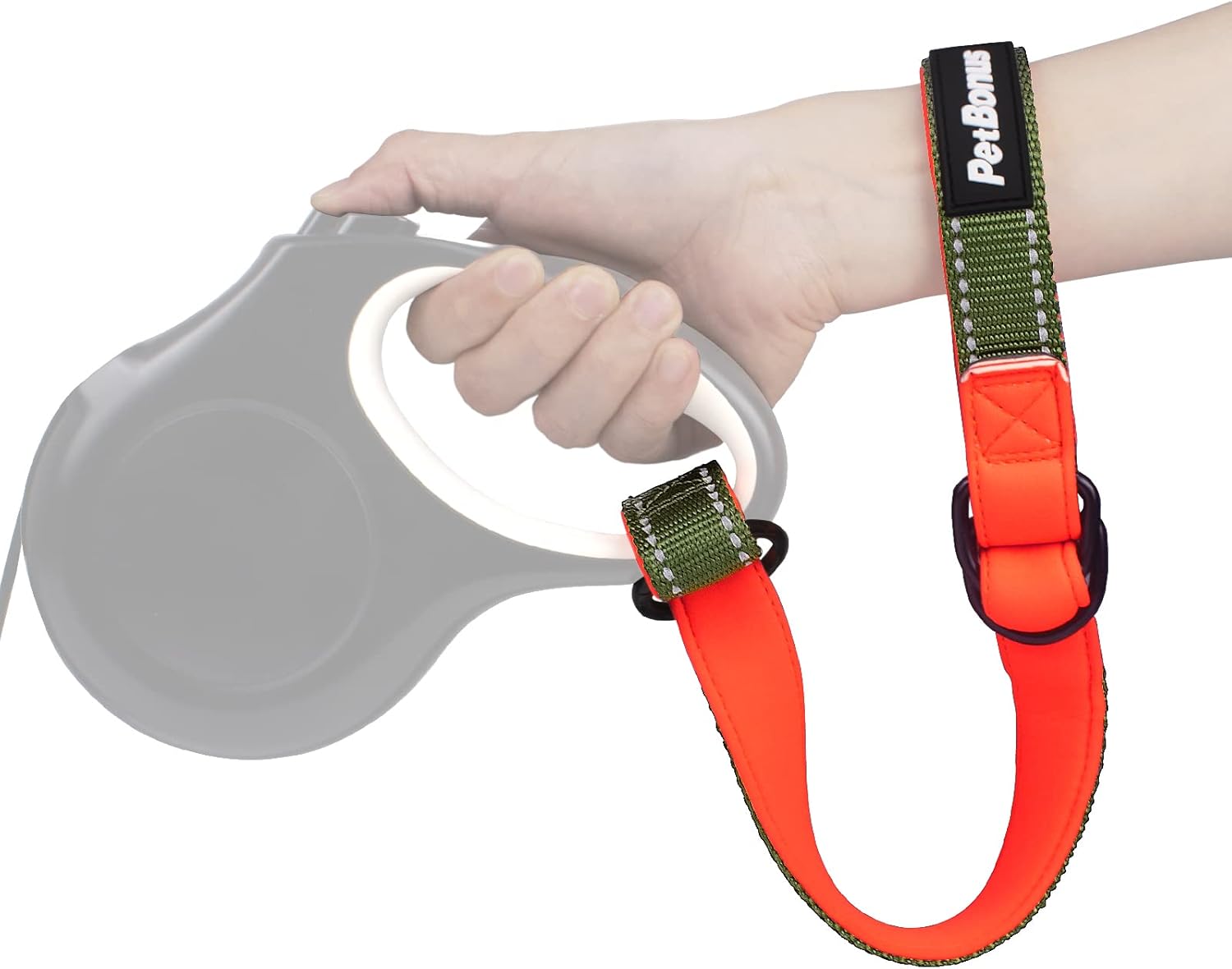 PetBonus Short Dog Leash, Safety Wrist Strap for Retractable Dog Leash, Reflective Design and Adjustable Soft Padded Handle, Extra Layer Security for Pet Stroller (Khaki Green)