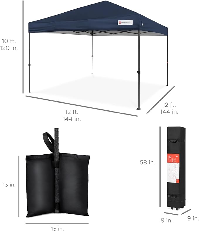 Best Choice Products 12x12ft 1-Person Setup Pop Up Canopy Tent Instant Portable Shelter w/ 1-Button Push, Case, 4 Weight Bags - Navy Blue