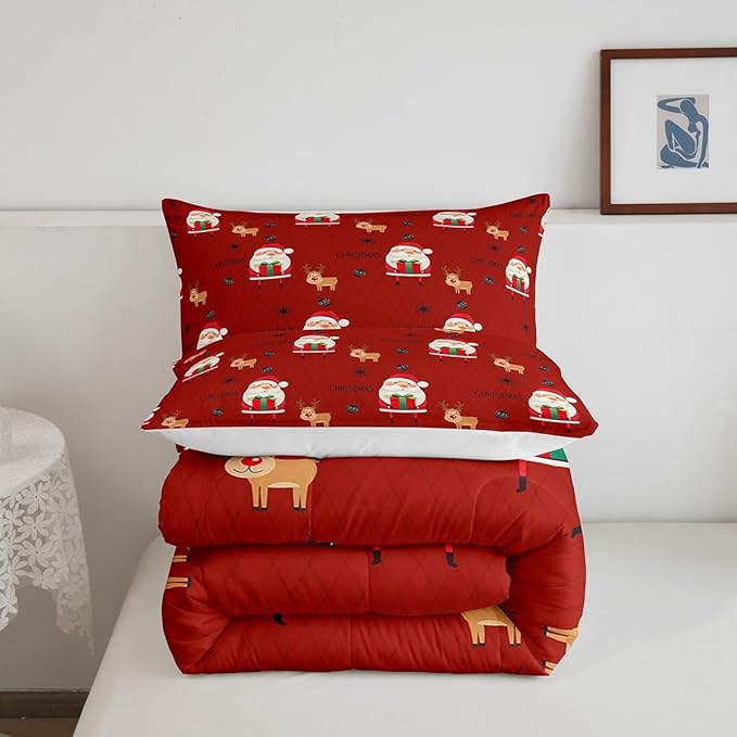 Feelyou Santa Claus Comforter Set Christmas Deer Decorations Bedding Set for Kids Boys Girls Winter Snowflake Comforter Merry Christmas Khaki Red Quilt Collection 2Pcs Twin Size