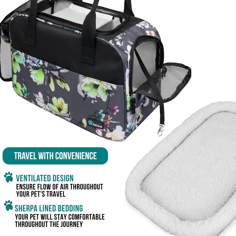 PetAmi Dog Purse Carrier for Small Dogs, Airline Approved Soft Sided Pet Carrier with Pockets, Ventilated Dog Carrying Bag for Puppy Cat, Dog Travel Supplies Bag, Sherpa Bed, Max 12 lbs, Floral Gray