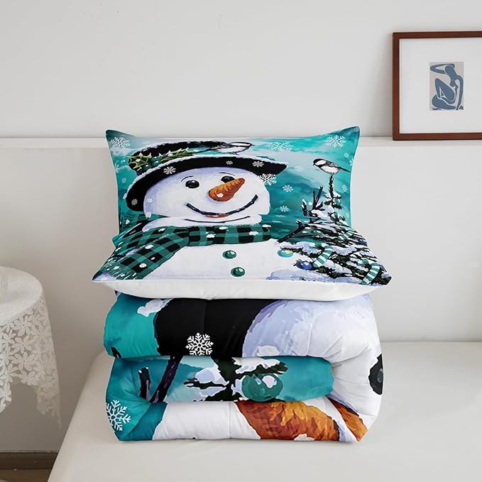 Feelyou Kids Christmas Theme Decorations Bedding Set Xmas Snowman Comforter Set for Boys Girls Watercolor Teal Bedroom Collection Twin Size