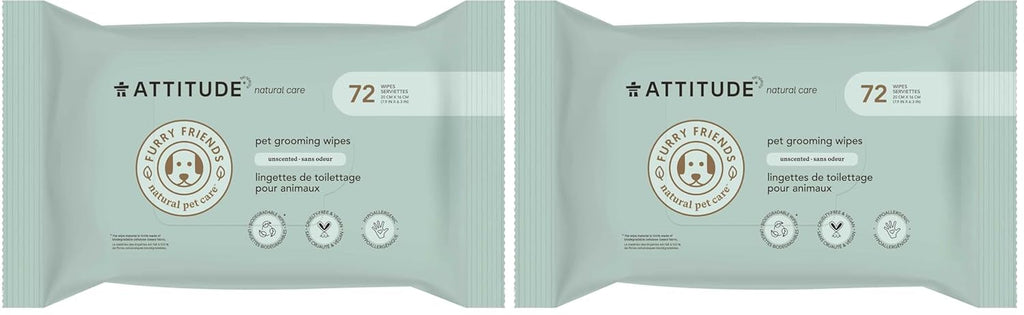 ATTITUDE Pet Grooming Wipes, Hypoallergenic Plant and Mineral-Based Ingredients, Vegan and Cruelty-Free Biodegradable Products, Unscented, 72 count (Pack of 2)