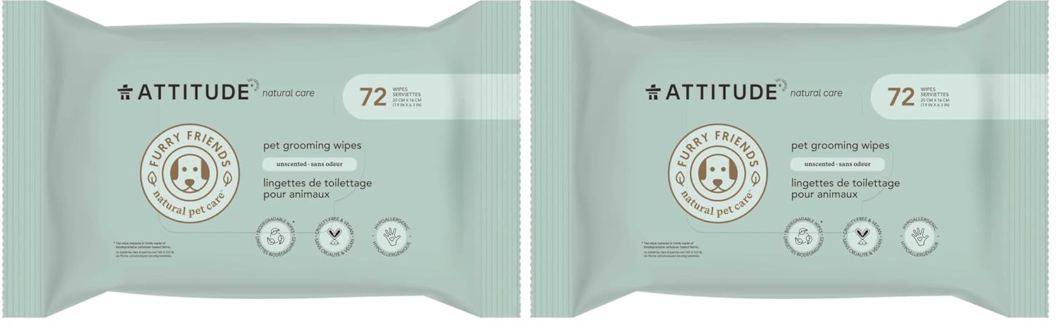 ATTITUDE Pet Grooming Wipes, Hypoallergenic Plant and Mineral-Based Ingredients, Vegan and Cruelty-Free Biodegradable Products, Unscented, 72 count (Pack of 2)