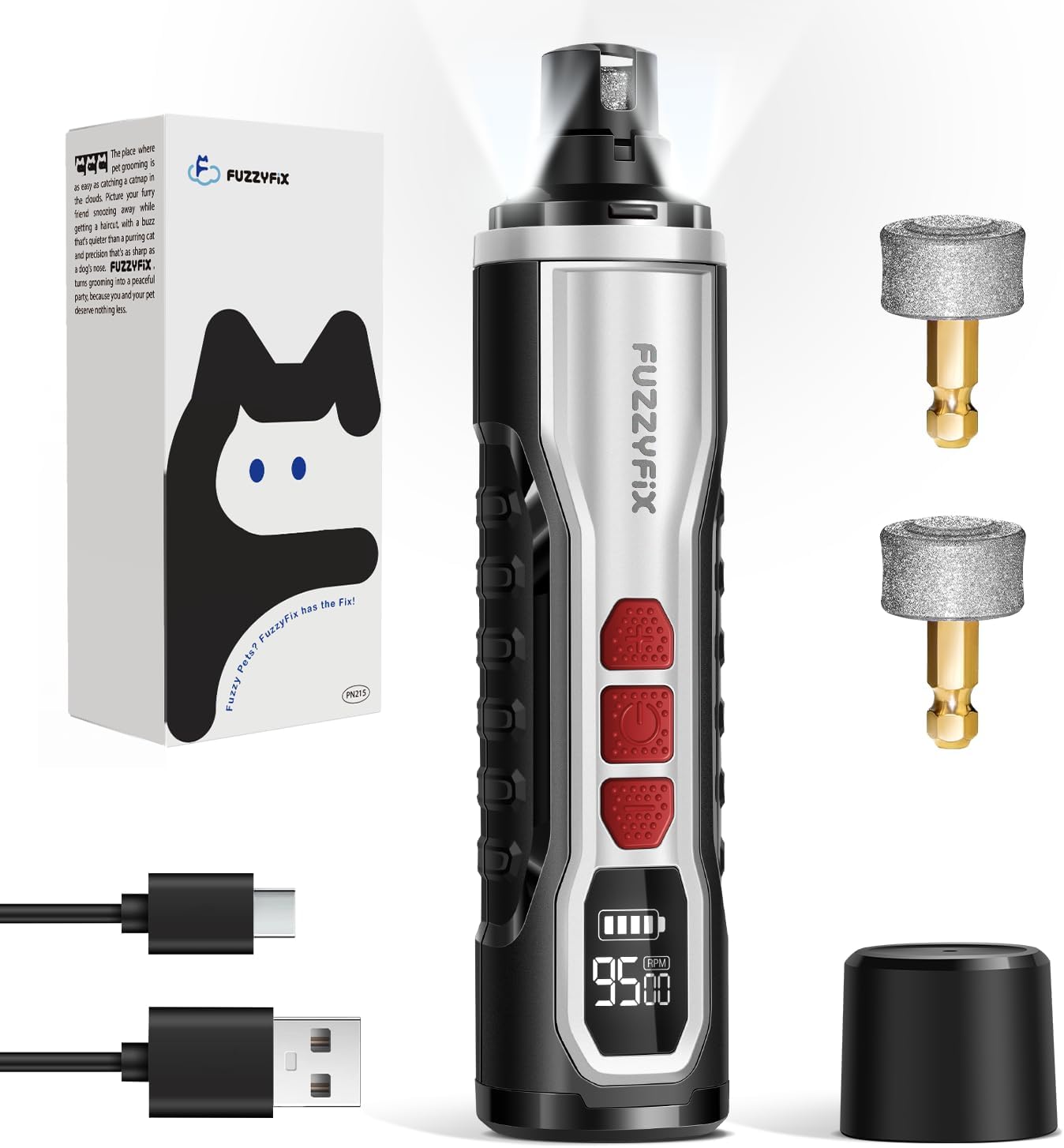 Dog Nail Grinder, Nail Clippers with LED Light, USB Rechargeable Electric Dog Nail Trimmer 5-Speed Paws Grooming & Smoothing for Large Medium Small Dogs Cats Pet