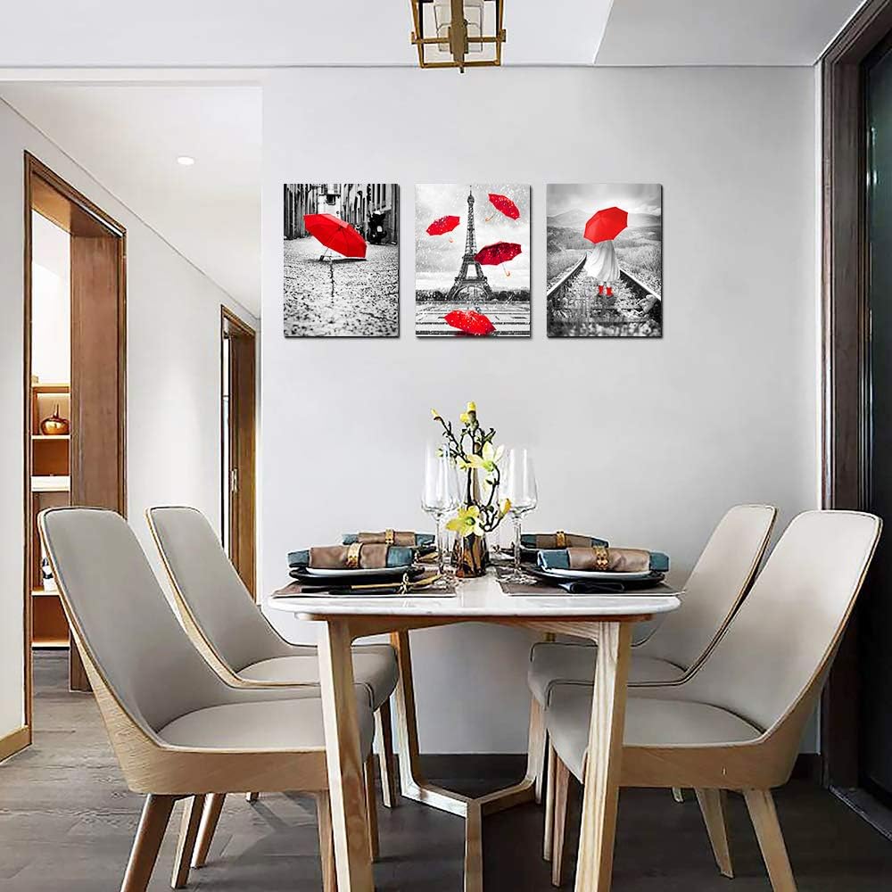 Black and white landscape Eiffel Tower 3 Piece Wall Art for Living Room Bathroom Decorations Kitchen Wall decor modern red umbrella Poster Canvas Print Office Bedroom Home Decoration wall paintings