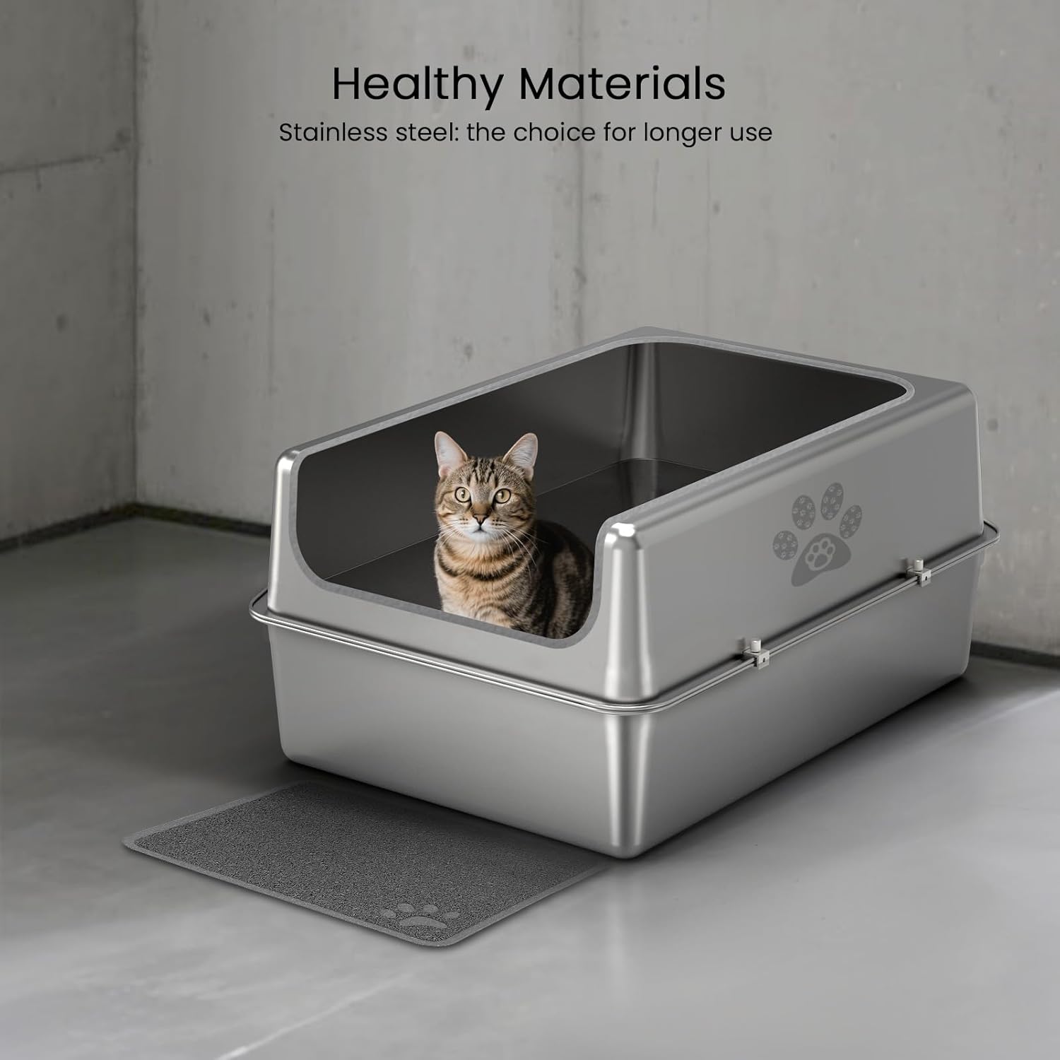 Enclosed Stainless Steel Cat Litter Box with Lid, Oversize Metal Litter Box for Multi Cats, XXXL Supersize Cat Toilet with High Side, Non-Stick, Anti-Leakage, Odorless, with Litter Mat & Litter Scoop