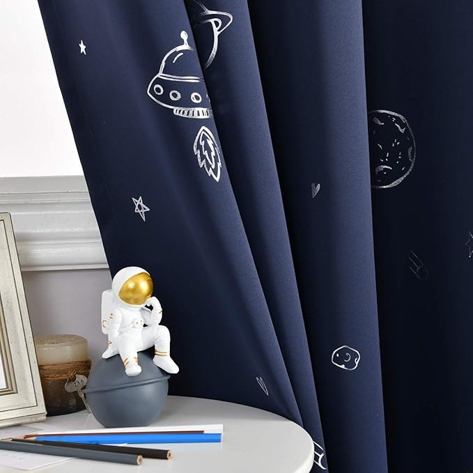 Vangao Navy Blue Kids Curtains for Boys Bedroom Space Theme Blackout Curtains for Kids Nursery Girls Room 72 Inches Length Silver Foil Print Drapes Grommet Top Window Treatments Set 2 Panels