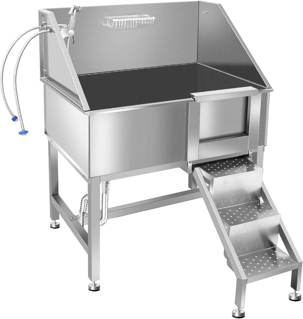 38" Pet Dog Bathing Station W/Stairs, Professional Stainless Steel Dog Grooming Tub W/Soap Box, Faucet,Rich Accessory, Dog Bathtub for Large,Medium,Small Pets, Washing Sink for Home,R-RAMP
