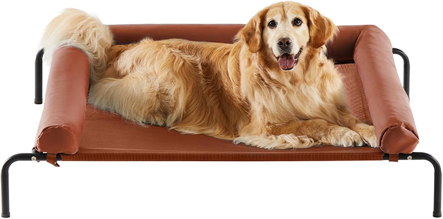 RRPETHOME Large Elevated Cooling Dog Bed, Raised Dog Cot Beds for Large Dogs, Elevated Outdoor Pet Cot, Chew Proof Portable Cooling Pet Cot with Skid-Resistant Feet and Breathable Mesh
