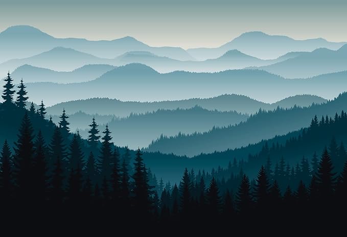 Nature Wallpaper Blue Mountain Foggy Forest Wall Mural for Bedroom Living Room (Not Peel n' Stick)