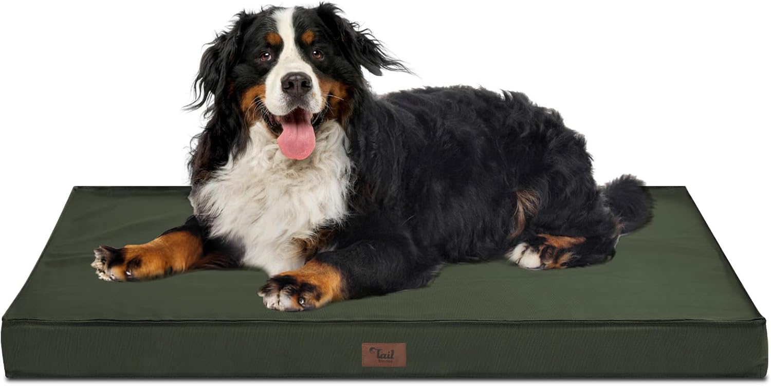 Outdoor All Weather Dog Bed, XXL Waterproof Dog Bed for Large Dogs, Orthopedic Egg Foam Pet Bed Mat with Removable and Washable Oxford Cooling Cover, Dark Green