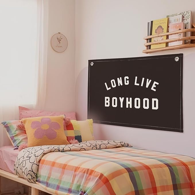 "Long Live Boyhood" Wall Banner 20x30 Inch - Boys Room Decor, Linen Canvas Wall Hanging for Toddler Playroom, Rustic Nursery Sign, Adventure Theme Kids Bedroom Banner - Black