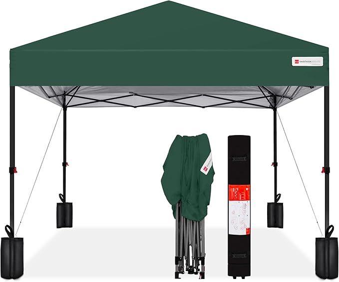 Best Choice Products 10x10ft 1-Person Setup Pop Up Canopy Tent Instant Portable Shelter w/ 1-Button Push, Case, 4 Weight Bags - Dark Green
