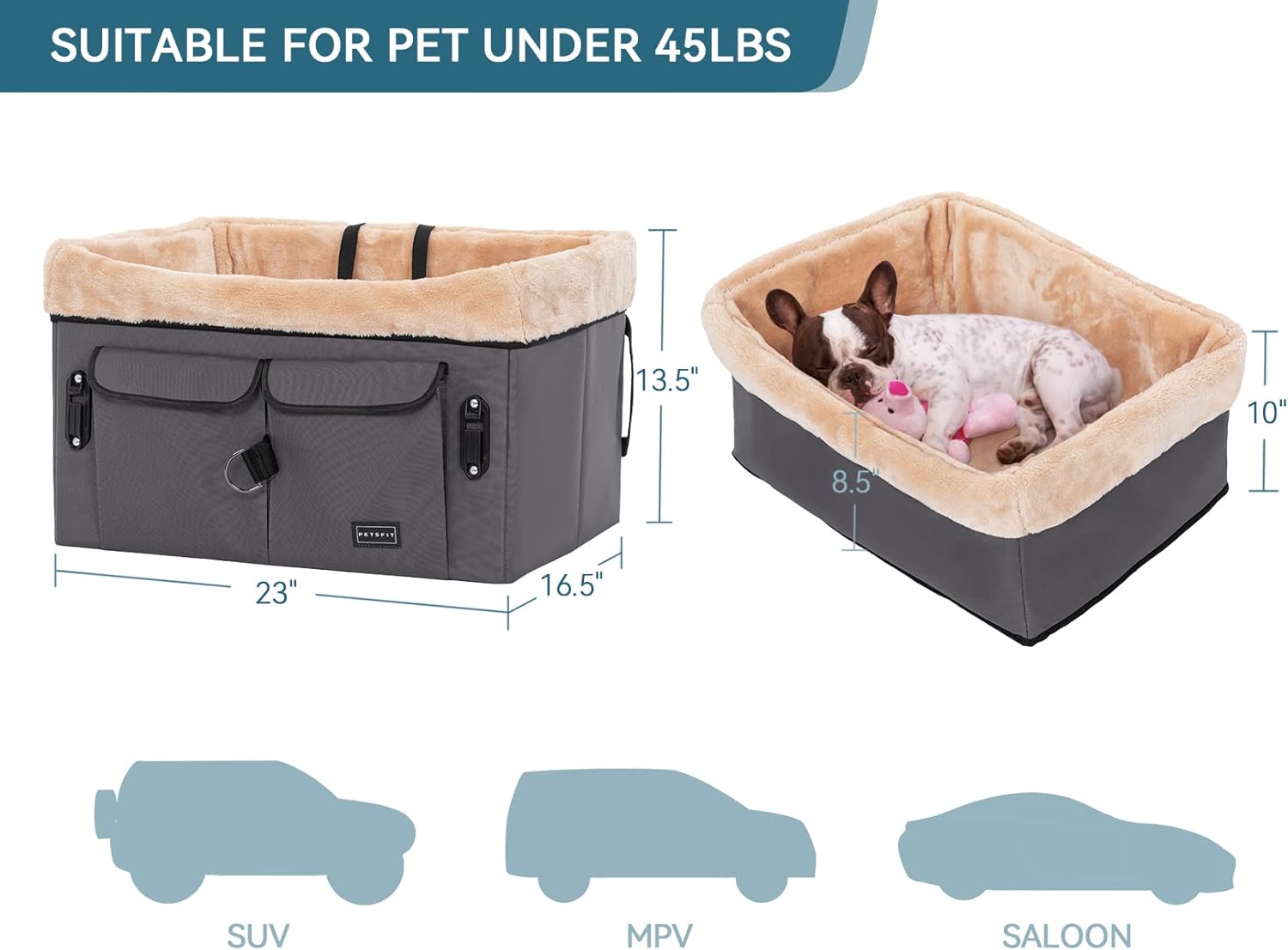 Petsfit Dog Car Seat for Medium Dogs or 2 Small Dogs, Upgraded Dog Booster Car Seat for Front and Back Seats with 2 Safety Leashes (Medium, Deep Grey)