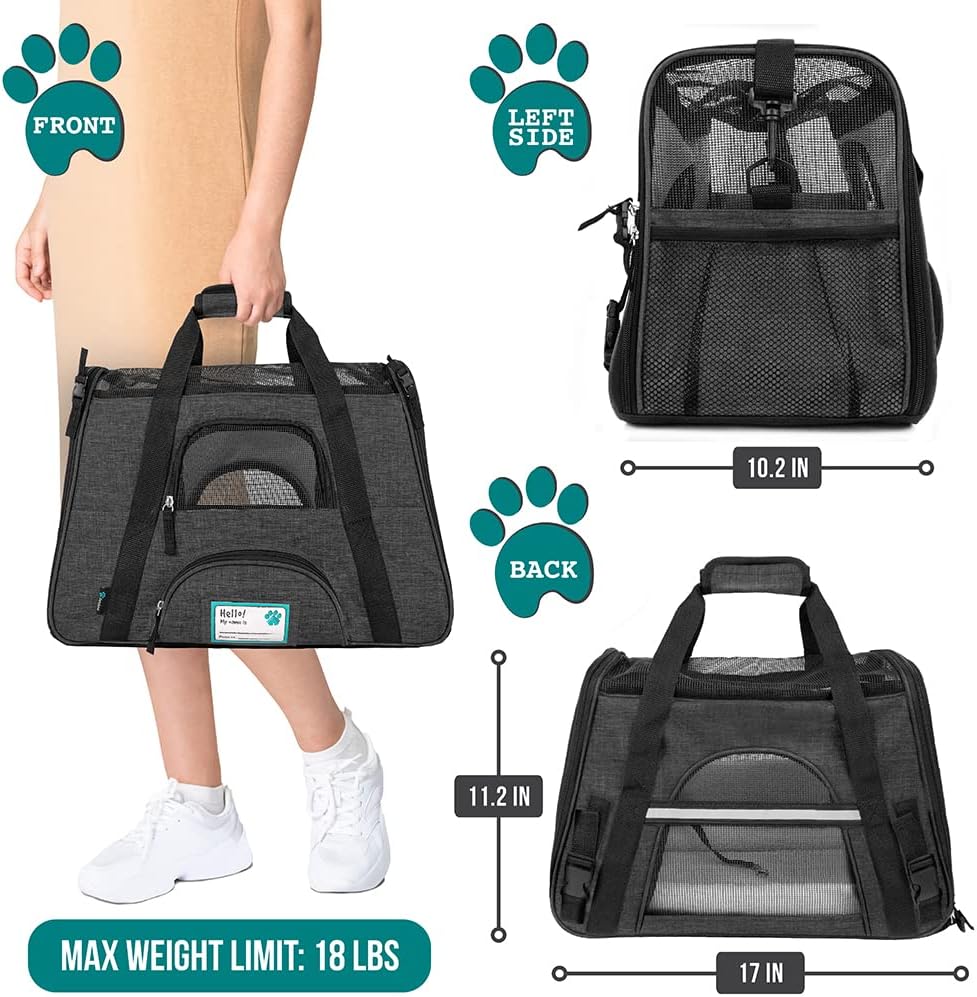 PetAmi Airline Approved Soft Sided Dog & Cat Carrier, Ventilated Pet Carrying Bag - Medium/Large, Heather Dark Gray
