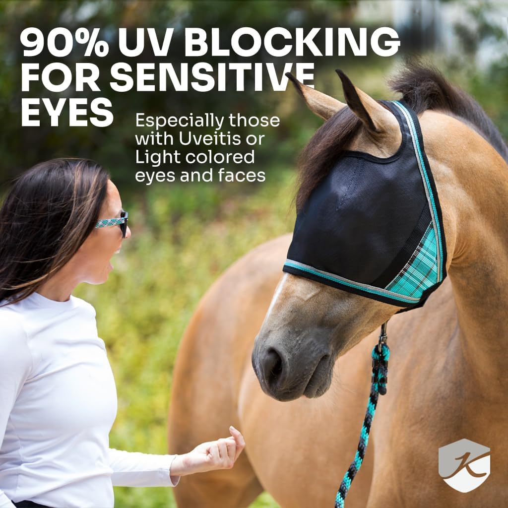 Kensington 90% UV Fly Mask Halter CatchMask UViator - Without Ears & Forelock Freedom Web Trim *Roomy Fit*- Large, Kentucky Blue