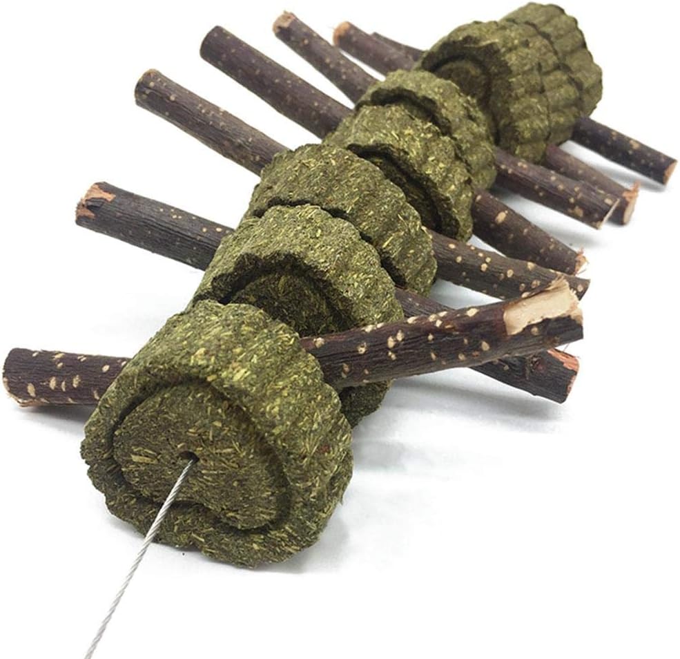 Bunny Chew Toys for Teeth, 2 PCS Organic Apple Wood Molar Sticks with Timothy Hay Circles for Bunny Chinchilla Guinea Pig Hamsters Holland Lop Prairie Dogs Squirrels, Improves Dental Health