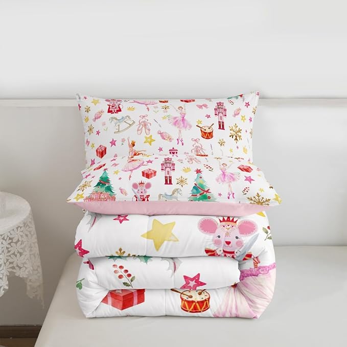 Feelyou Pink Christmas Kids Comforter Set Queen Size Ballet Nutcracker Bedding Set Snowflake Duvet Quilt for Kids Boys Girls Bedroom Decor Microfiber Ultra Soft Breathable